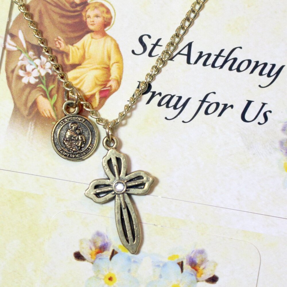 Vintage Saint Anthony Celtic Cross Rhinestone Pray For Us Charm Necklace